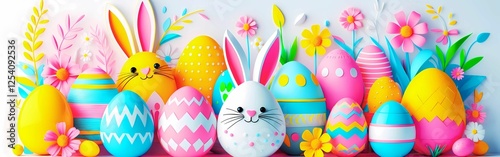 colourful  easter design with rabbits eggs and flowers 