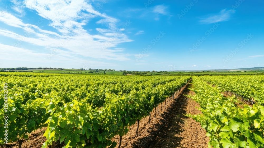 An expansive vineyard landscape with lush green grapevines under a clear blue sky, Vineyard scene, Serene and natural style An expansive vineyard landscape with lush green grapevines under a clear blue sky, Vineyard scene, Serene and natural style