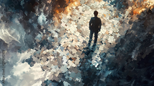 Lucid dream mosaic: occupant in shifting puzzle tiles microcosm - cinematic ultra-detailed concept artwork. Mosaic Dreamscapes. Illustration