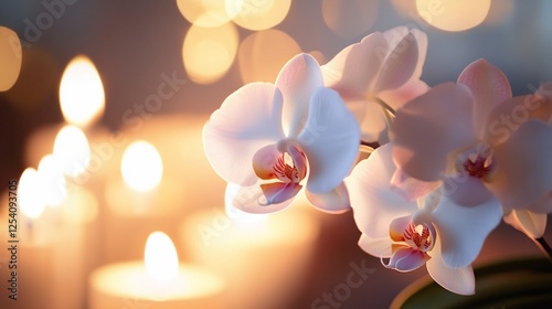 Serene White Orchids Illuminated by Candlelight: A Peaceful and Tranquil Atmosphere