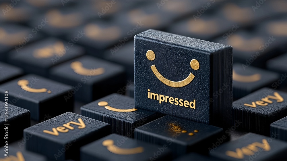 Obraz premium Close-up of a black keyboard key with a gold 'impressed' label and a smiling emoticon, highlighting positive feedback.