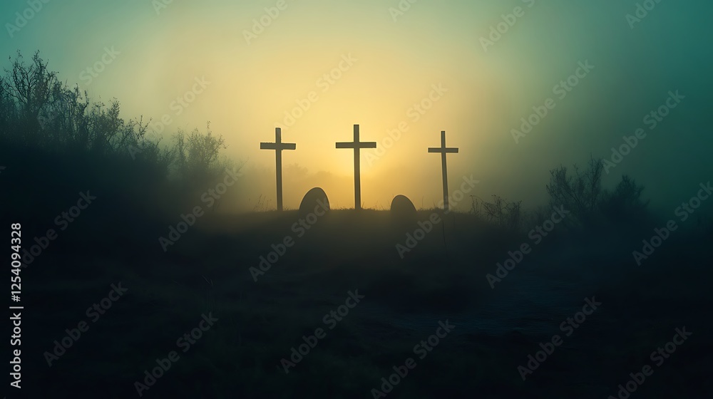 Shroud and empty tomb with three crosses at sunrise
