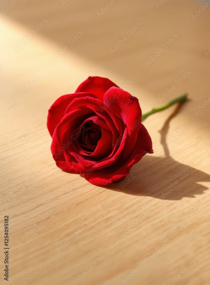 Elegant Single Red Rose Flower on Wooden Surface with Soft Natural Light