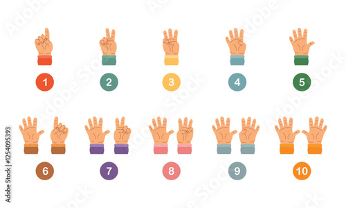 Colorful educational illustration of hand gestures showing numbers from 1 to 10. A fun and simple counting guide for kids, ideal for learning materials, preschool education, and math activities.