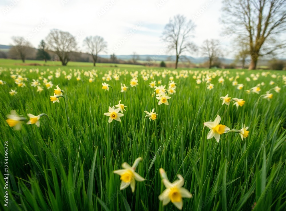 Fototapeta premium Sunny Daffodil Field Landscape, Welcoming Spring With Blue Sky And Rolling Hills