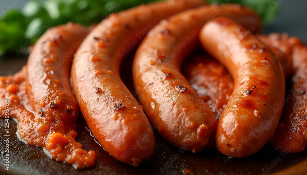 Grilled sausages served with spicy sauce on a dark plate Grilled sausages served with spicy sauce on a dark plate