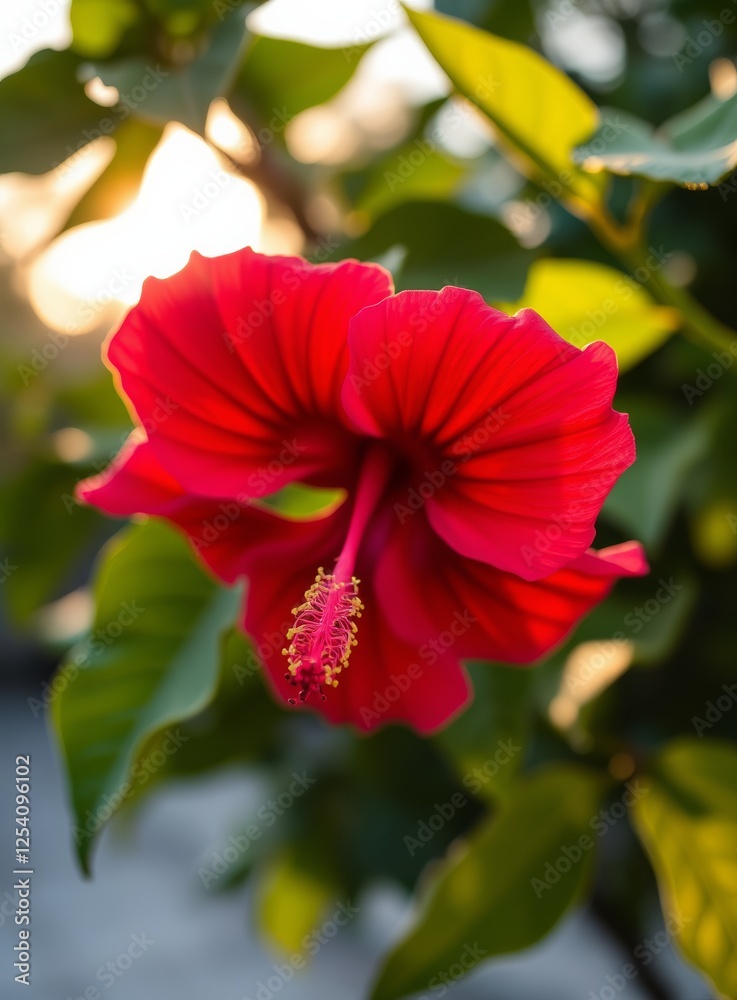 Vibrant Red Hibiscus Flower Blooming with Green Foliage, Tropical Floral Beauty Vibrant Red Hibiscus Flower Blooming with Green Foliage, Tropical Floral Beauty