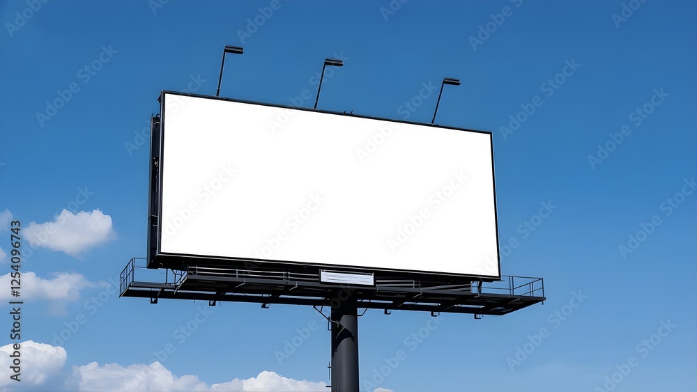 Outdoor pole billboard on blue sky background with mock up white screen and clipping path,information,business,blank Outdoor pole billboard on blue sky background with mock up white screen and clipping path,information,business,blank
