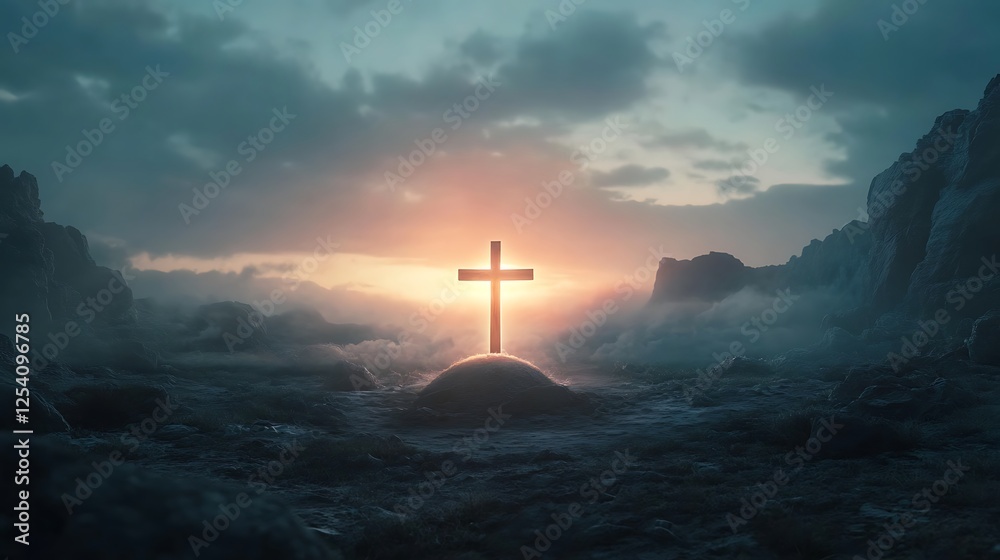 Fototapeta premium Crucifix at sunrise with light over empty tomb