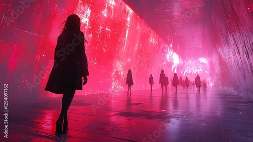 Inside futuristic abstract space with androgynous individuals wearing avant garde fashion blurring the lines between traditional gender norms