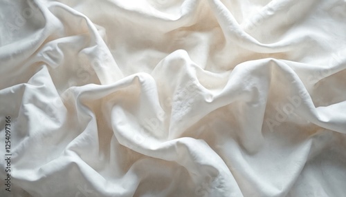 High-contrast image of crumpled white cloth. Intricate texture with soft light, folds, wrinkles, organic, natural material. Perfect for backgrounds, overlays, product demos, sewing factory needs.