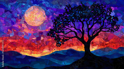 A stunning mosaic of a tree silhouetted against a vibrant moonlit sky showcasing the beauty of nature's patterns and colors. Mosaic Dreamscapes. Illustration