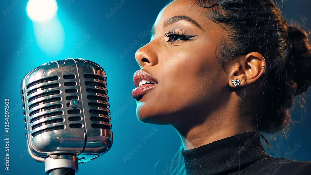 Singer performing on stage with retro microphone under dramatic lighting. Black woman singing