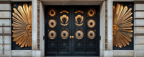 Art deco metal gate with geometric designs, complementing a 1930s building