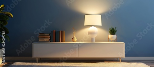 Minimalist white table lamp on sideboard, blue wall, warm lighting, books, plant, simple carpet, modern design.