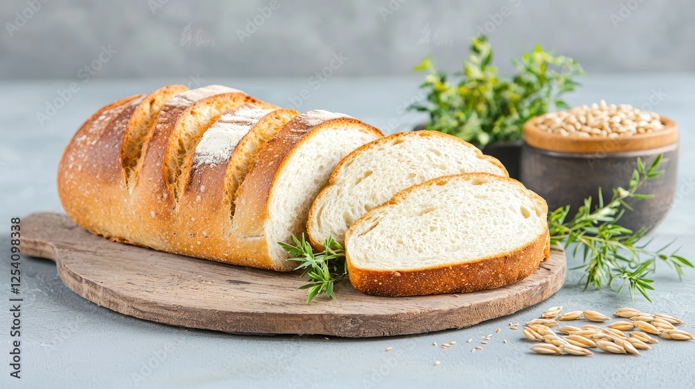 Rustic loaf bread sliced on wood, herbs, grains. Food photography for recipes Rustic loaf bread sliced on wood, herbs, grains. Food photography for recipes