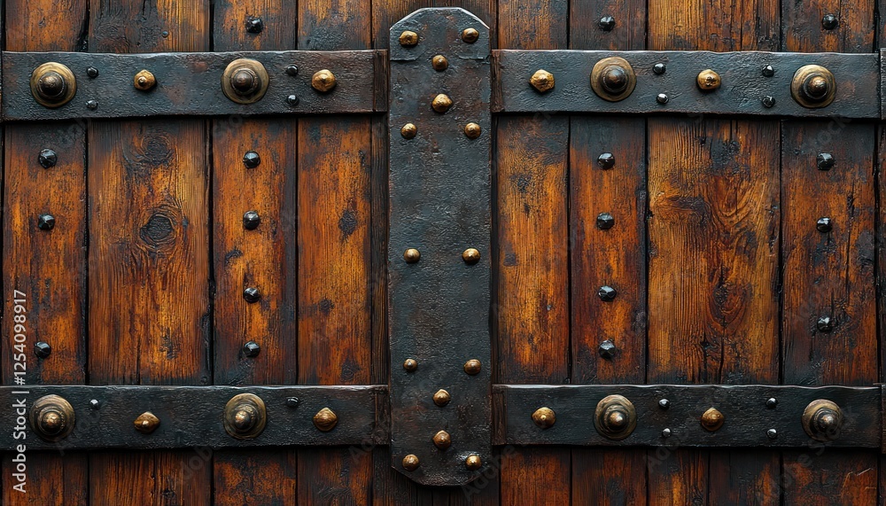 Fototapeta premium Heavy fortress gate made aged oak and iron studs, reminiscent medieval times