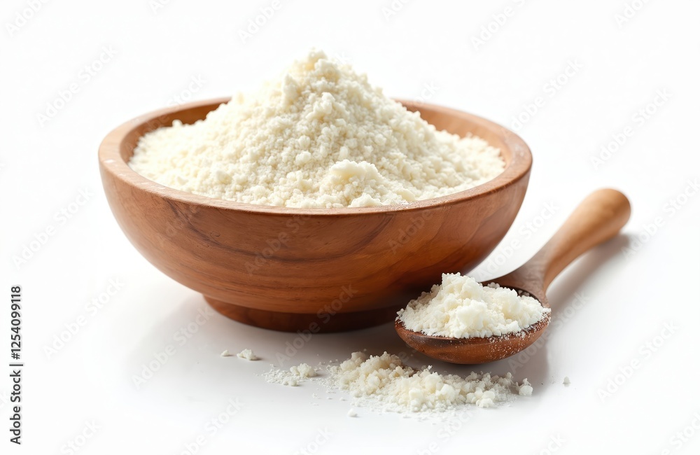 Closeup tapioca starch in wooden bowl, spoon isolated on white background. Potato flour heap, cooking ingredient, healthy organic receipe diet baking nourishment, gluten free product. Closeup tapioca starch in wooden bowl, spoon isolated on white background. Potato flour heap, cooking ingredient, healthy organic receipe diet baking nourishment, gluten free product.