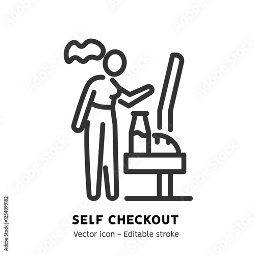 Self-service checkout line icon. Supermarket, grocery store with automated self-checkout terminal. Contactless payment, cashless paying, checkout self service flat outline icon. Editable stroke