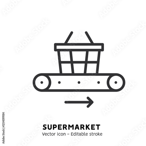 Shopping cart on conveyor line icon. Supermarket with automated self-checkout terminal. Contactless payment, cashless paying, checkout self service flat outline icon. Editable stroke
