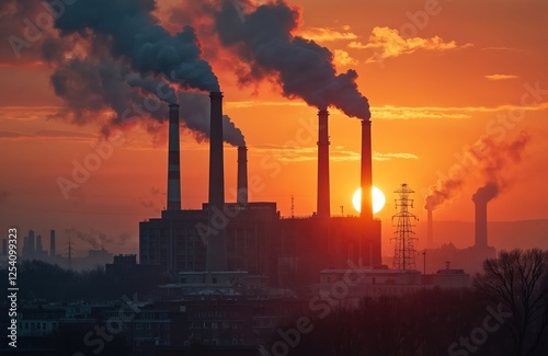 Heating station emits smoke in winter at sunset. Smokestack pipes release co2 from coal thermal power plant, causing air pollution, emission issues, ecology problems. photo