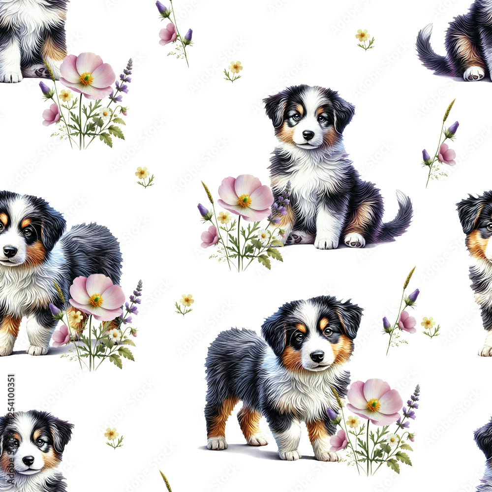 Obraz premium Seamless pattern of australian shepherd dog with flowers on white background. Repeating design pet for wallpaper, textile, fabric. Watercolor illustration