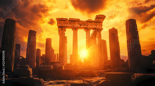 Ancient temple ruins illuminated by sunset glow. Golden Age Ruins. Illustration