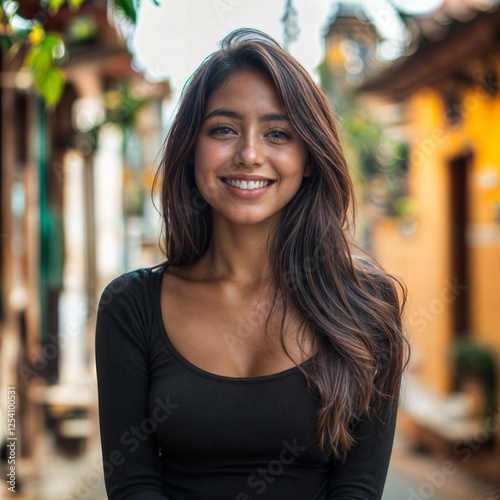Smiling young woman with long hair posing outdoors in a vibrant street Free Download Smiling young woman with long hair posing outdoors in a vibrant street - GFXLoad