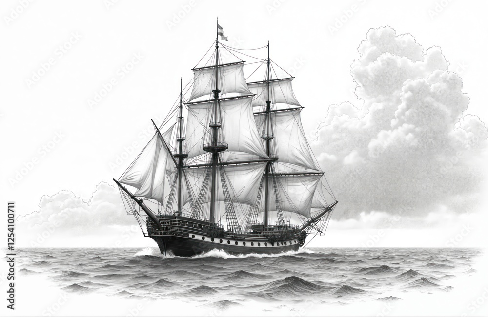 Fototapeta premium Detailed monochrome pencil sketch of ship sailing on open sea, billowing clouds in the background. Vintage nautical vessel floats on water. Maritime, marine travel adventure.