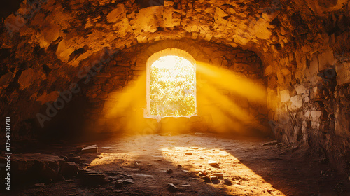 Cave sunbeams, golden hour, rule of thirds composition. Golden Age Ruins. Illustration