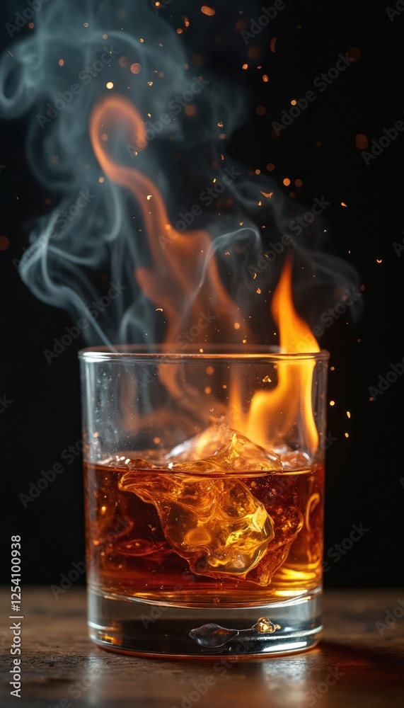 Glass with whiskey or rum. Ice, fire flames, ethereal smoke, lights for artistic projects. Cocktail with high alcohol content on dark background, wooden table. Glass with whiskey or rum. Ice, fire flames, ethereal smoke, lights for artistic projects. Cocktail with high alcohol content on dark background, wooden table.