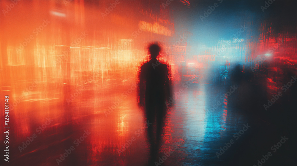 Urban Blur: A solitary figure walks through a city street at night, their form blurred by the neon lights reflecting off a rainy surface. The scene is full of mystery and intrigue. Urban Blur: A solitary figure walks through a city street at night, their form blurred by the neon lights reflecting off a rainy surface. The scene is full of mystery and intrigue.
