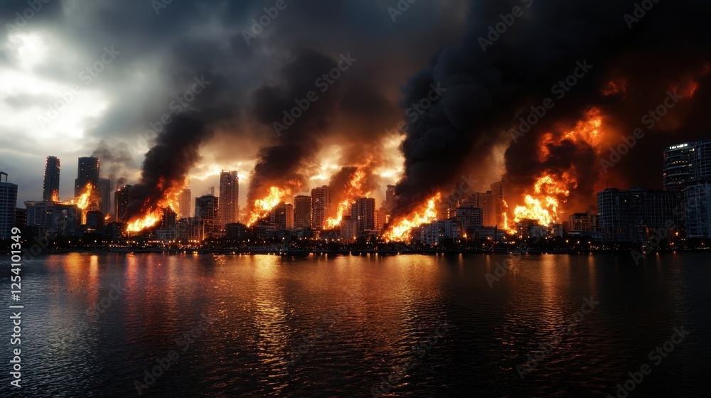 Obraz premium A dramatic blaze sweeps through downtown structures, towering flames and thick smoke contrasting against a darkening sky during twilight hours