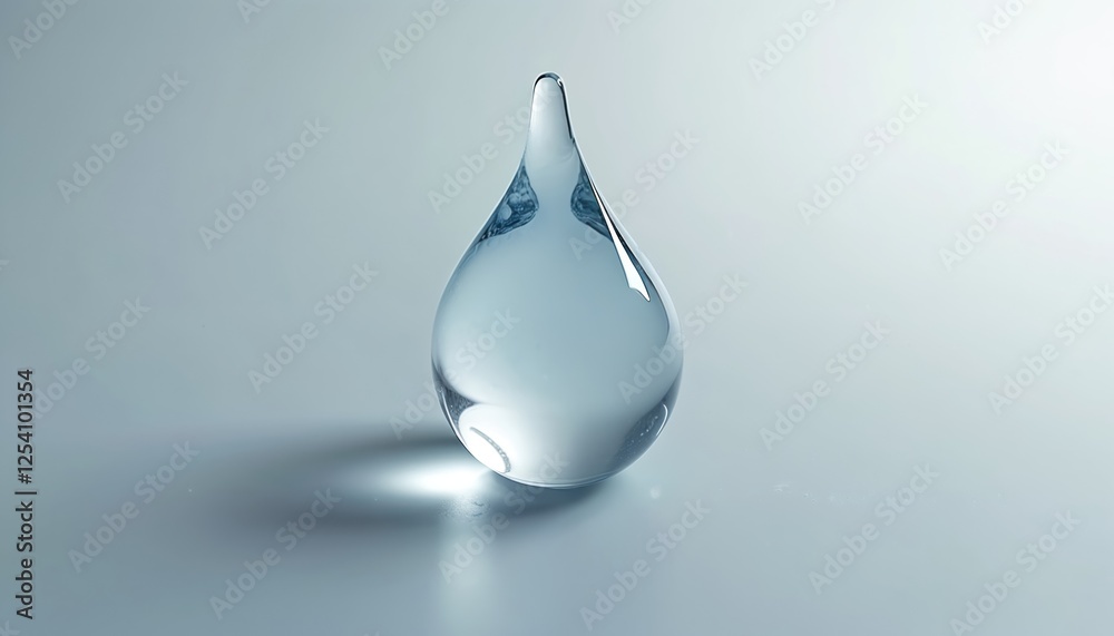 A single, clear water drop sits on gray background, casting soft shadow. Pure, transparent liquid. Minimalist shiny wet sparkle. Macro close-up showcases beauty, health, hydration, life element. A single, clear water drop sits on gray background, casting soft shadow. Pure, transparent liquid. Minimalist shiny wet sparkle. Macro close-up showcases beauty, health, hydration, life element.