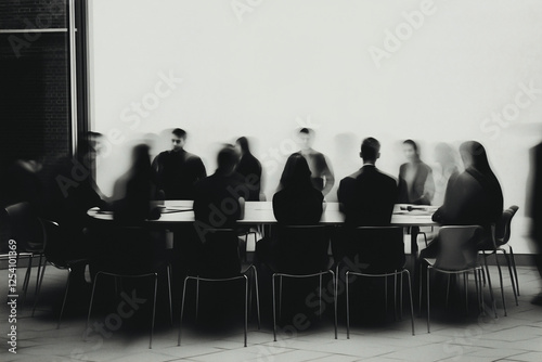 Boardroom Meeting in Motion: A black and white, motion-blurred photograph capturing the energy and dynamism of a business meeting.  The focus is on the figures seated around a long table. photo