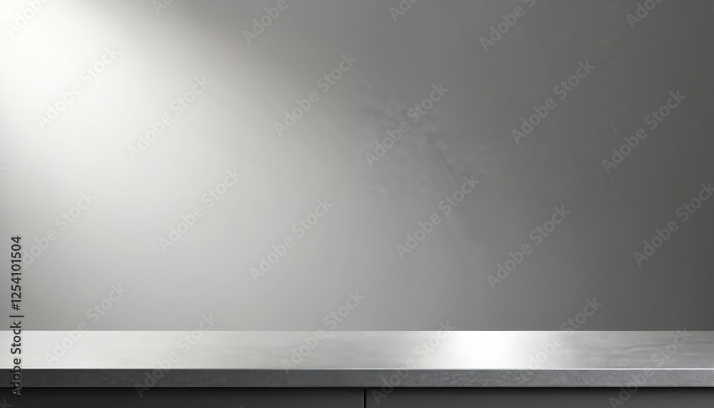 Silver steel kitchen countertop, empty shelf with spot light. Bar desk surface on gray background in foreground for product placement. Modern interior render.