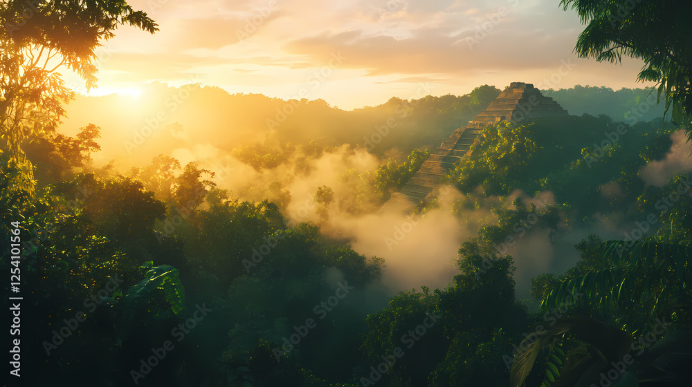 custom made wallpaper toronto digitalMajestic ancient mayan pyramids emerging from misty rainforest at sunrise, surrounded by lush greenery and golden light. Golden Age Ruins. Illustration