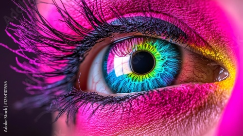Concept of a human multicolored iris animation. Rainbow lines scatter from a bright white flash, shaping a volumetric iris and pupil. 3D rendering with a 4K backdrop