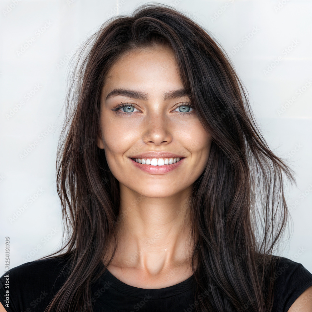 Portrait of a young woman with long dark hair and striking blue eyes Portrait of a young woman with long dark hair and striking blue eyes