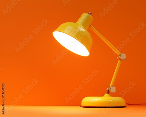 Minimalist yellow desk lamp against an orange background, warm light, space for text or elements.
