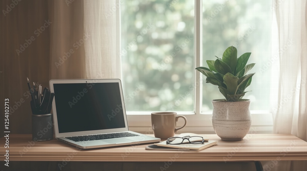 Minimalist Workspace: Cozy desk with a notebook, pen, and stylish ceramic cup Minimalist Workspace: Cozy desk with a notebook, pen, and stylish ceramic cup