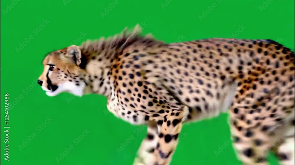 3D running animation of a realistic cheetah with cycle view on chroma key, 4k wild large cat run on green screen, head is small and rounded, with a short snout and black tear-like facial streaks