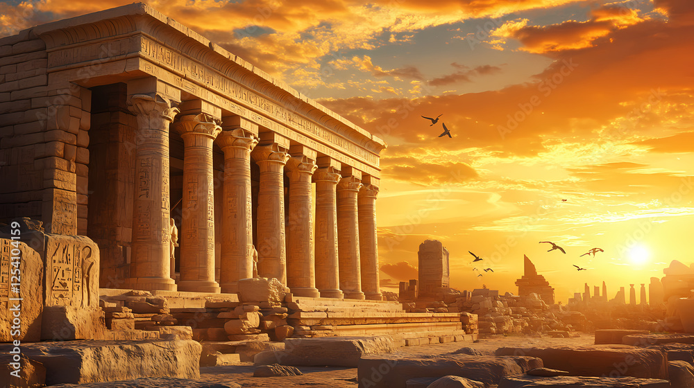 Obraz premium A majestic ancient egyptian temple stands in ruins, bathed in the golden light of the setting sun. Golden Age Ruins. Illustration