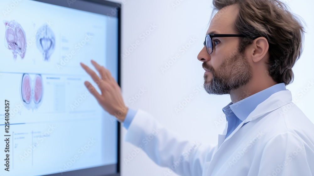 Fototapeta premium Doctor reviewing medical scan on digital display: A focused male doctor wearing glasses and a lab coat intently examines detailed medical scans displayed on a large digital screen.