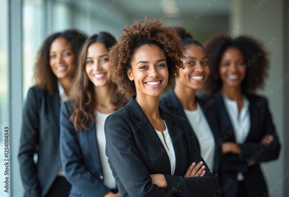 Obraz premium Diverse group smiling confident businesswomen stand in office. Multicultural females team in formal suits, leadership concept, success at work, teamwork, corporate environment. African American woman
