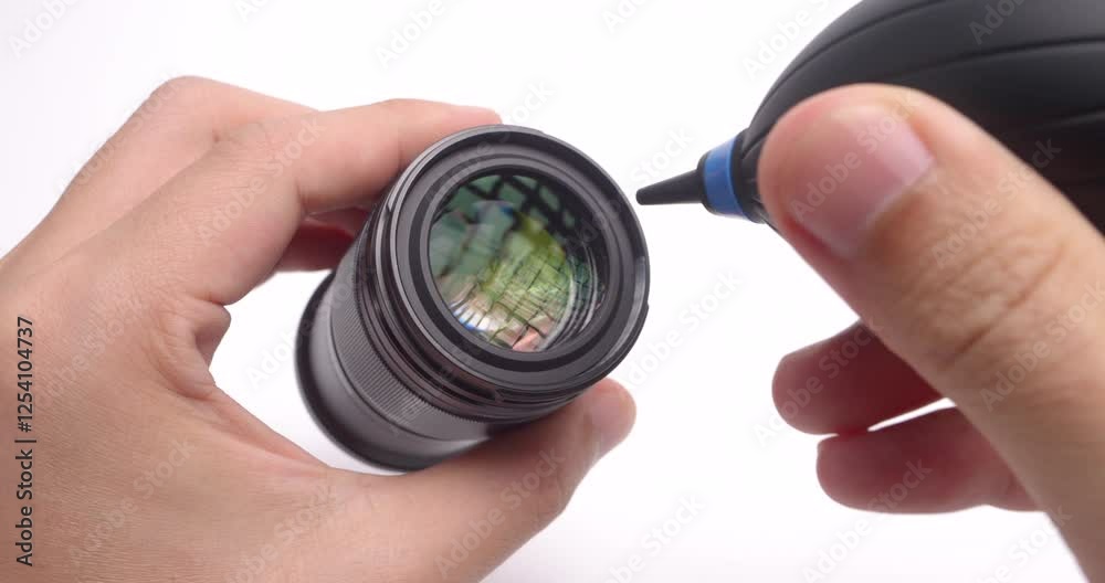Cleaning the camera lens with dust blower from dust and dirt on white backgrond Cleaning the camera lens with dust blower from dust and dirt on white backgrond