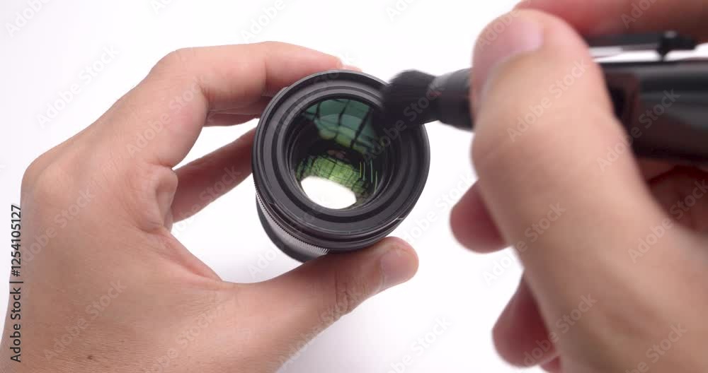 Cleaning Camera Lens with Brush on a white backgrond. Cleaning Camera Lens with Brush on a white backgrond.