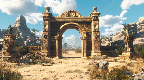 Ancient golden gate, desert setting, mythical creatures. game background. Golden Age Ruins. Illustration