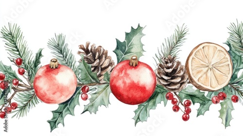 Watercolor Christmas garland with ornaments berries and pine cones