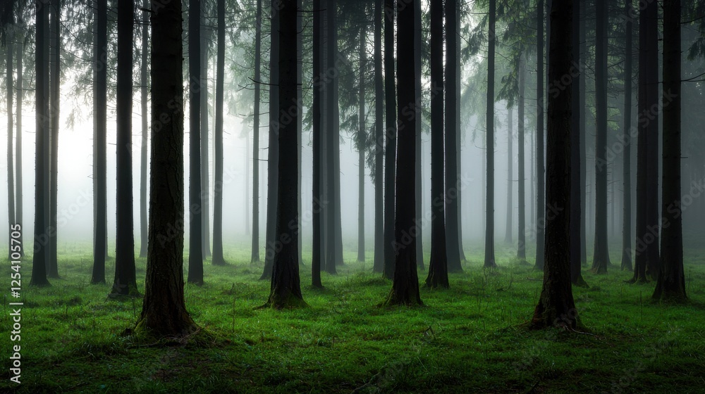 A tranquil forest features tall trees surrounded by a soft mist, creating a serene atmosphere. Green grass carpets the ground, enhancing the peaceful ambiance in the early morning light A tranquil forest features tall trees surrounded by a soft mist, creating a serene atmosphere. Green grass carpets the ground, enhancing the peaceful ambiance in the early morning light
